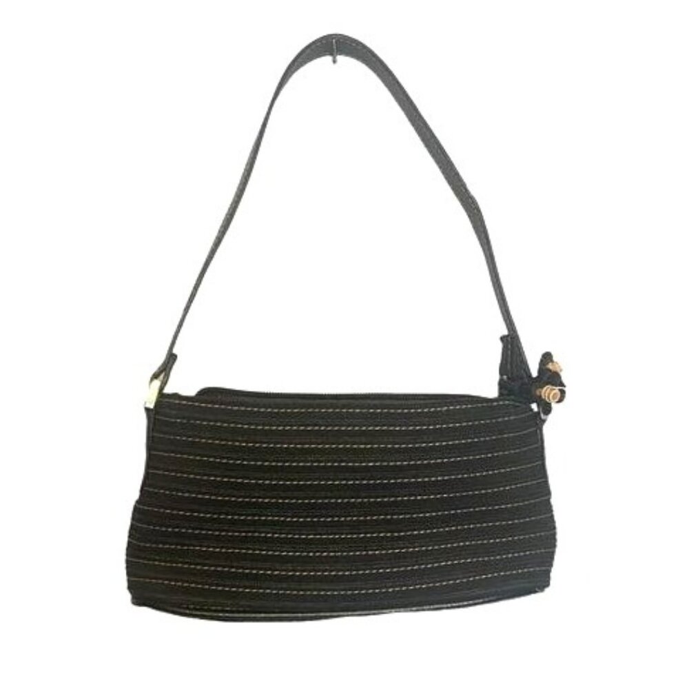 Liz Claiborne Black Woven Mini Shoulder Bag With Zip Closure‎ & Floral Detail